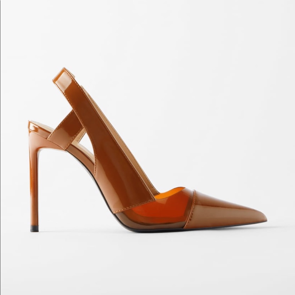 Zara heeled sling back vinyl shoe caramel - size 5